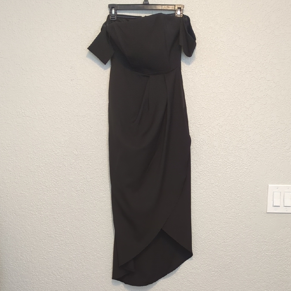 Luvalot black bardot off shoulder asymmetrical hem bodycon midi dress